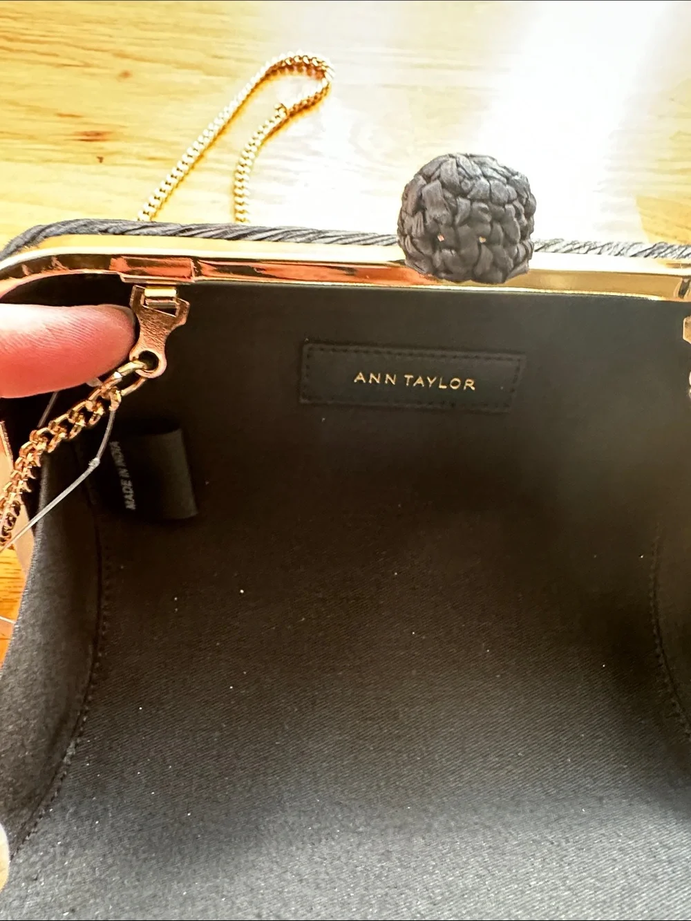 Ann Taylor Black Woven Box Clutch or crossbody with Gold Chain NWT elegant
